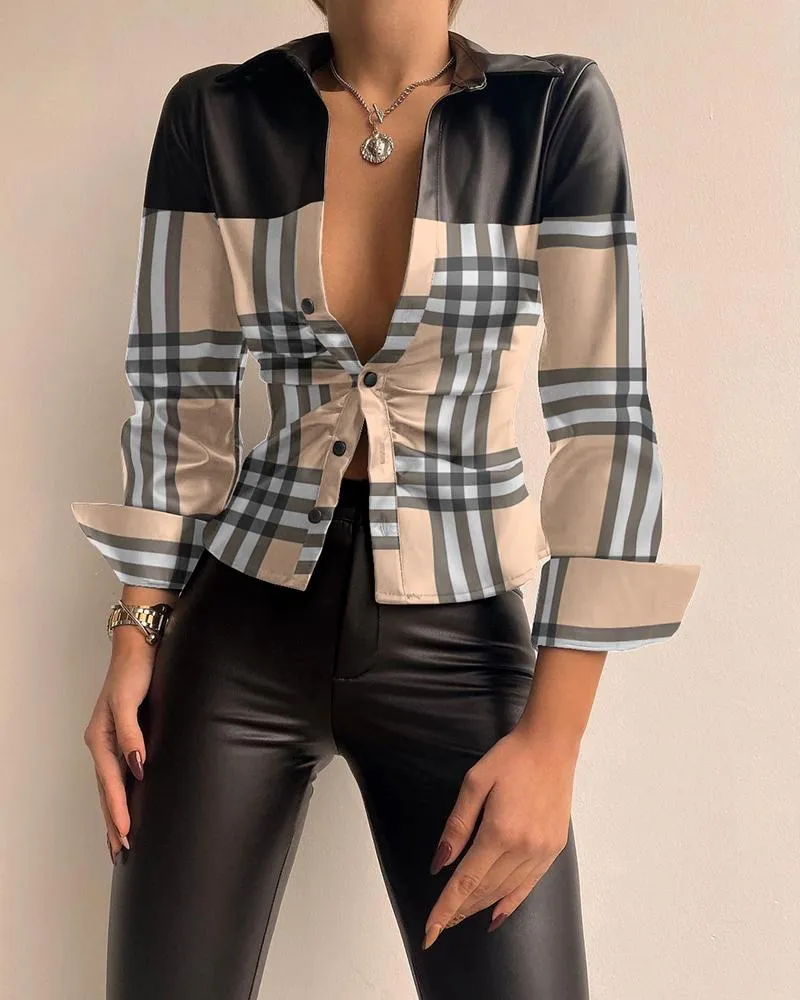 Plaid Print PU Leather Patch Button Down Shirt