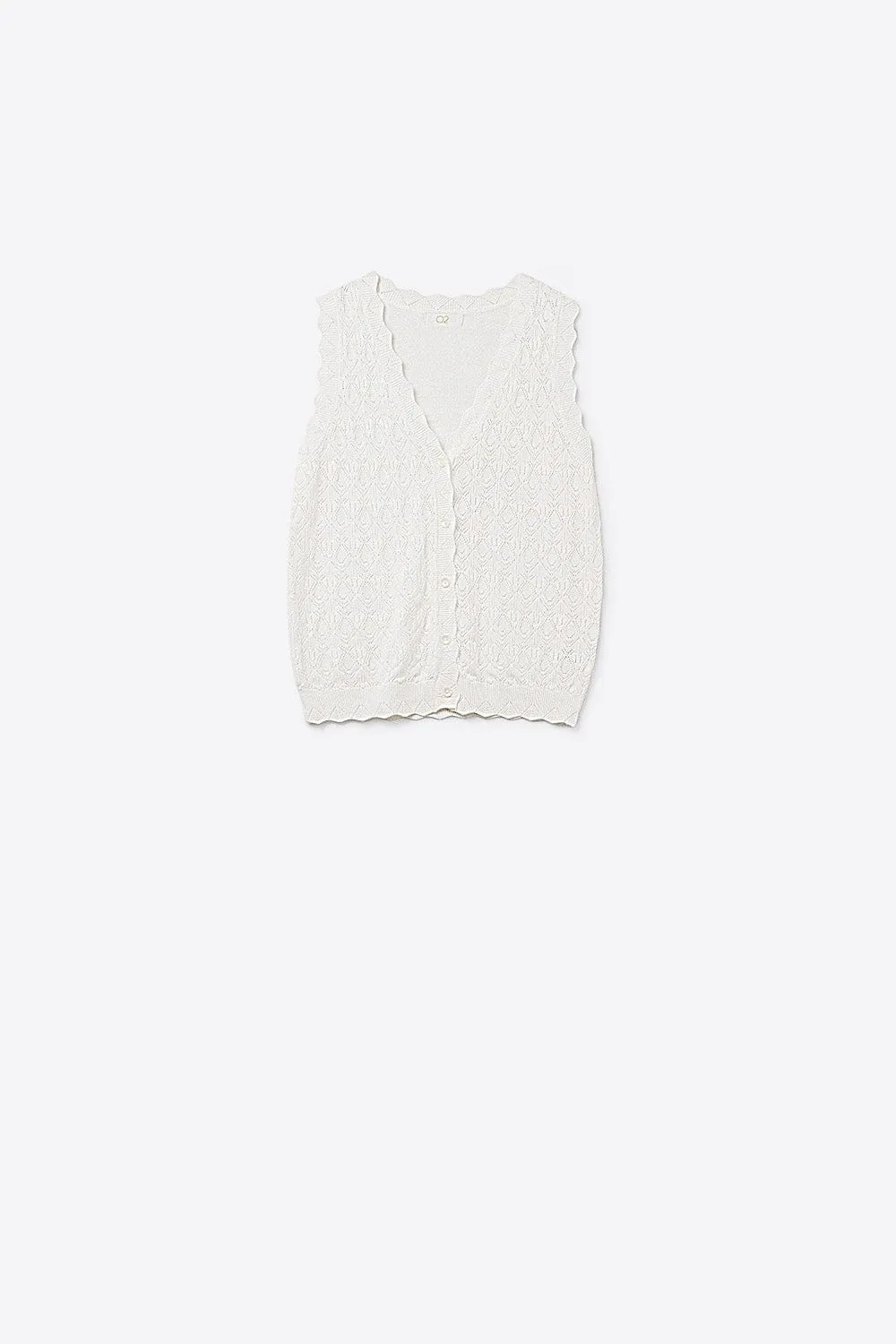 Pointelle Knitted Vest With Scalloped Edges In White