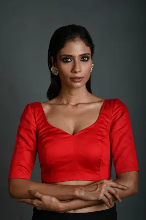 Red Cotton Blouse with Sweetheart Neckline and Half Sleeves