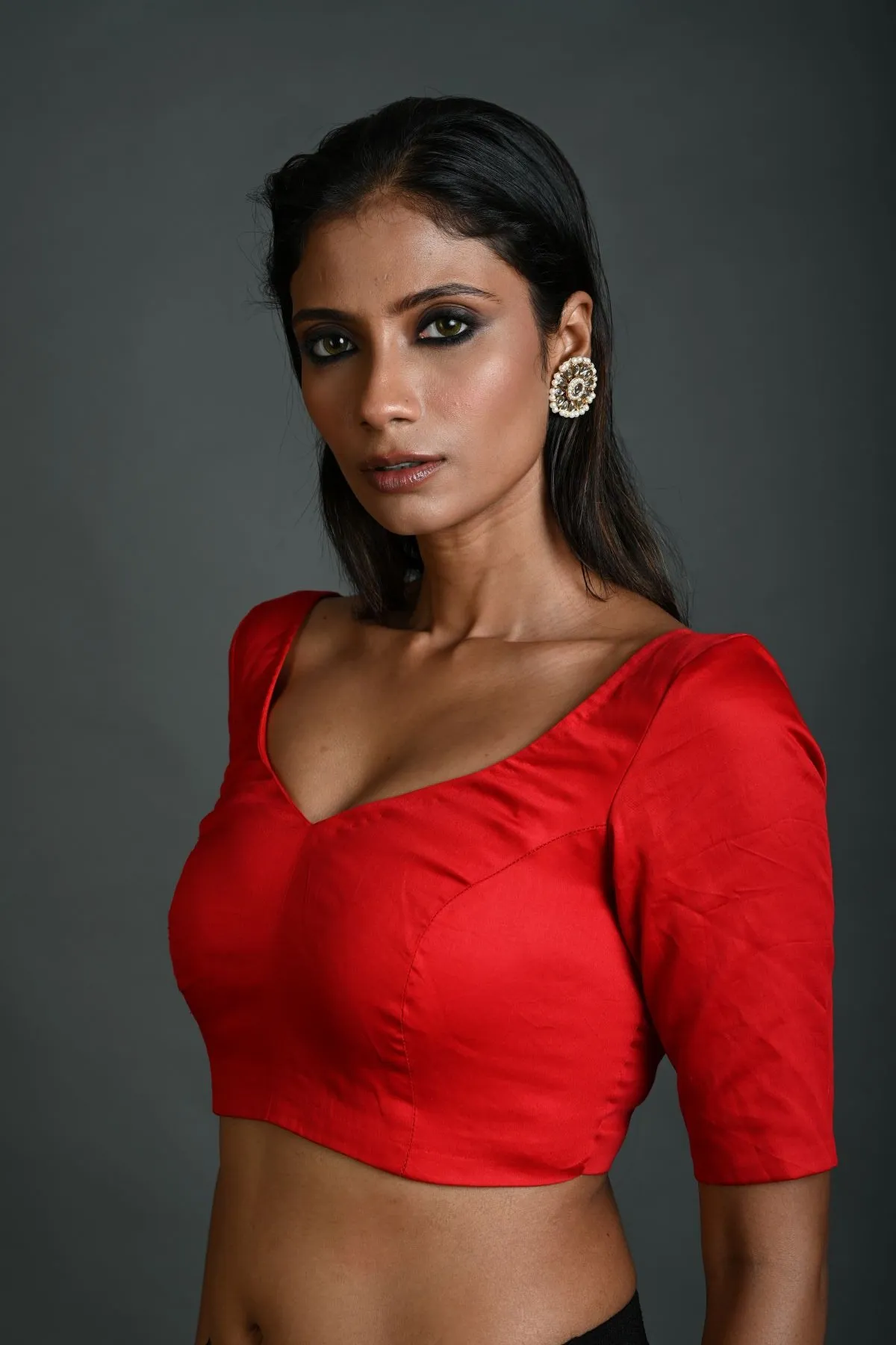 Red Cotton Blouse with Sweetheart Neckline and Half Sleeves