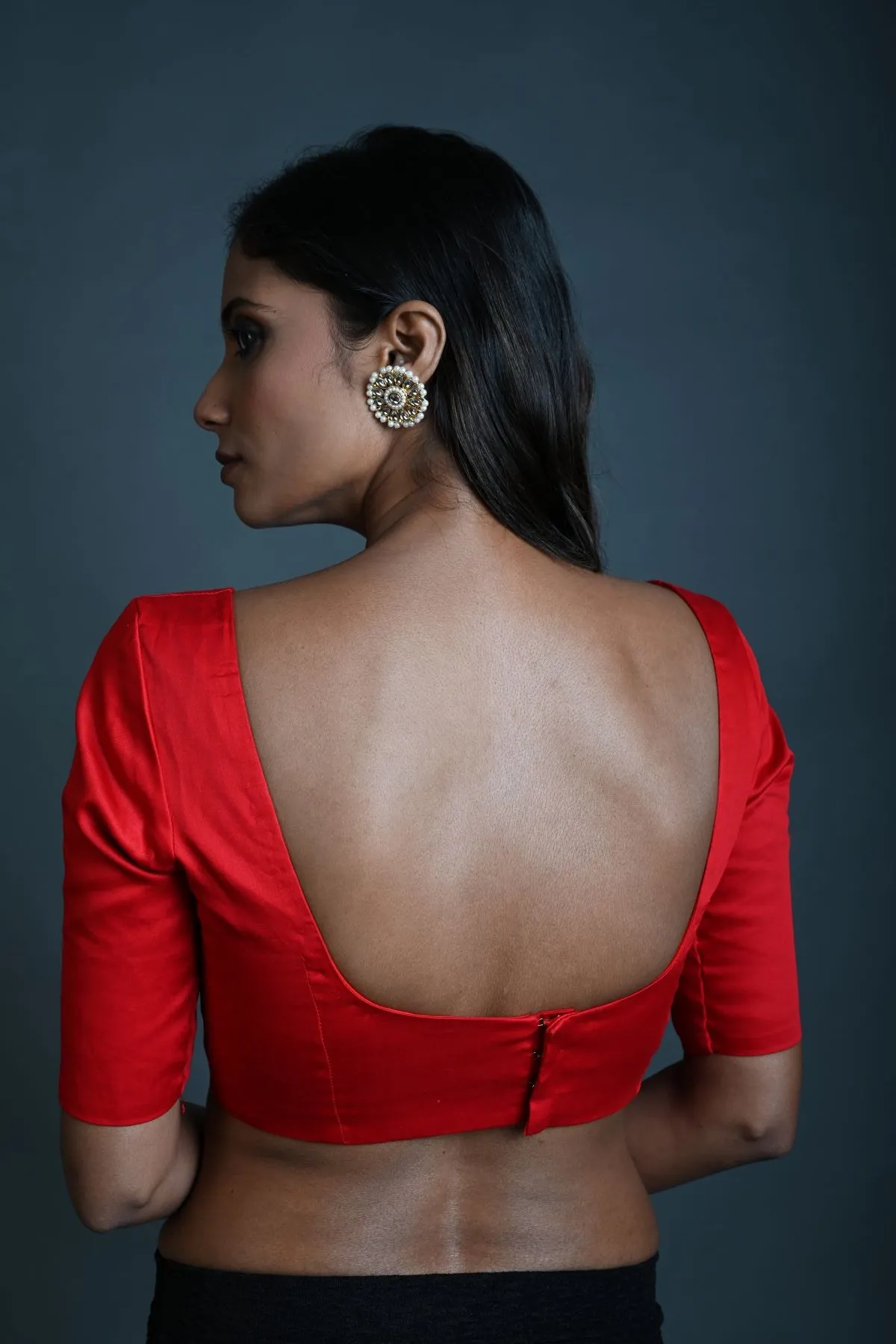 Red Cotton Blouse with Sweetheart Neckline and Half Sleeves