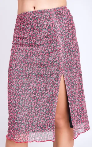 ROMANTIC FLORAL MESH MIDI SKIRT WITH SLIT