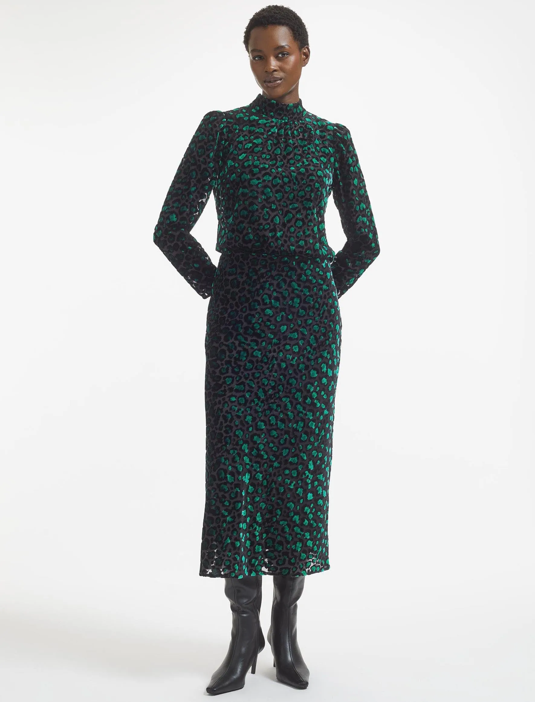Scarlett Devoré Bias Maxi Skirt - Green Leopard Devoré