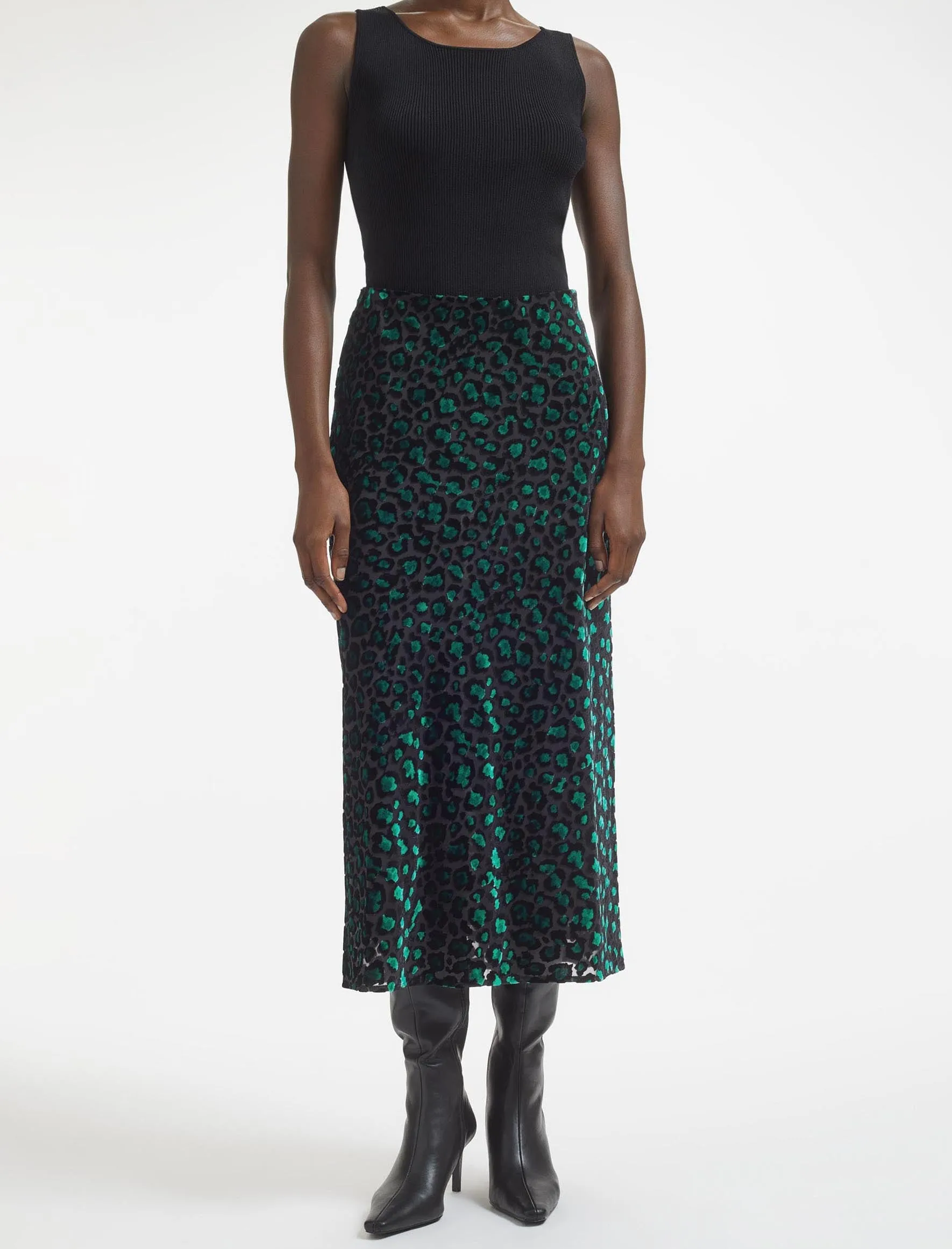 Scarlett Devoré Bias Maxi Skirt - Green Leopard Devoré