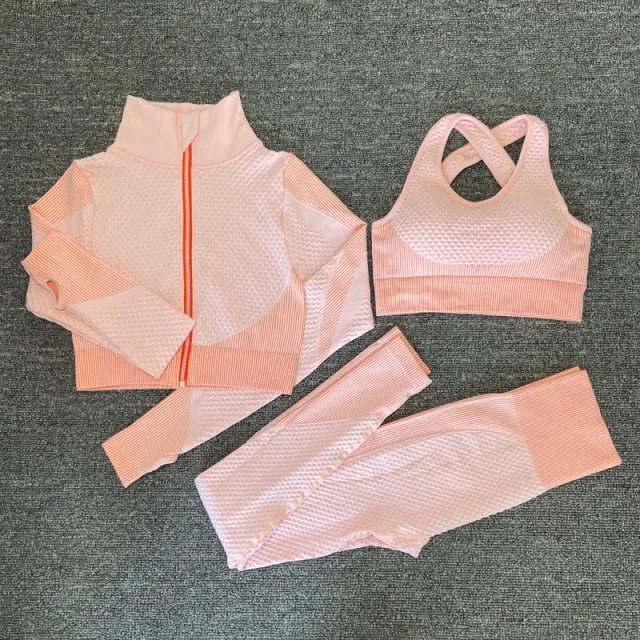 Seamless 2/3PCS Women Yoga Set Gym Long Sleeve Crop Top High Waist Leggings