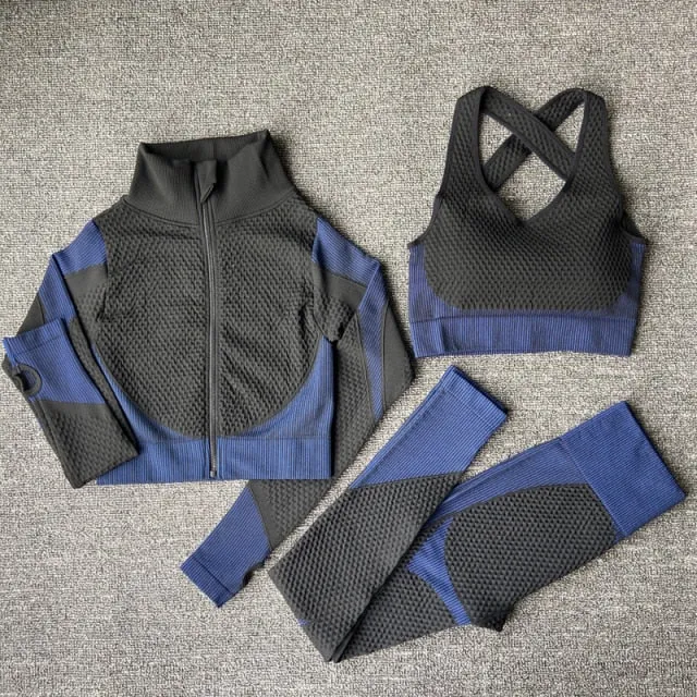 Seamless 2/3PCS Women Yoga Set Gym Long Sleeve Crop Top High Waist Leggings