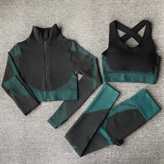 Seamless 2/3PCS Women Yoga Set Gym Long Sleeve Crop Top High Waist Leggings