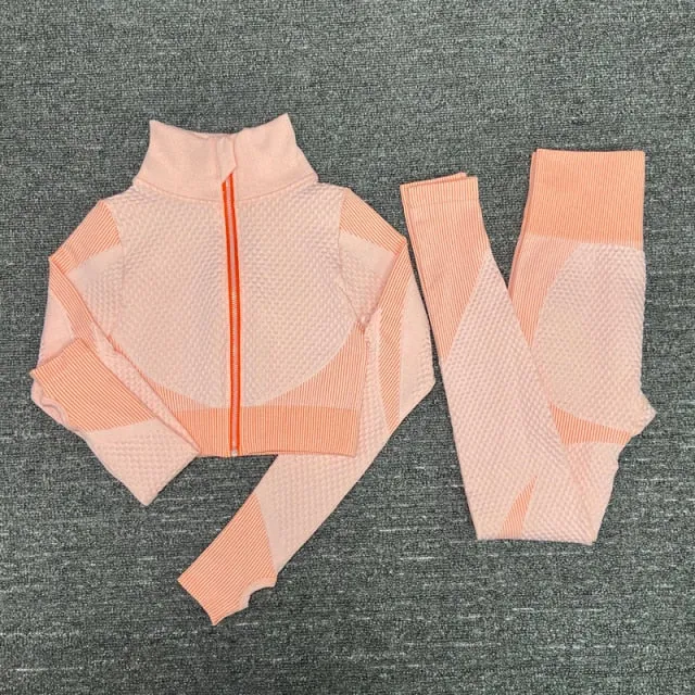 Seamless 2/3PCS Women Yoga Set Gym Long Sleeve Crop Top High Waist Leggings