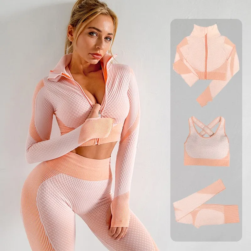 Seamless 2/3PCS Women Yoga Set Gym Long Sleeve Crop Top High Waist Leggings