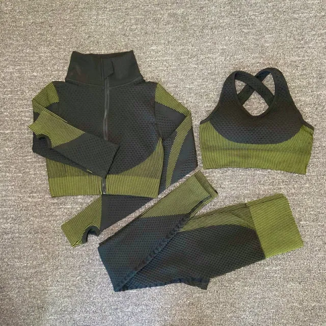 Seamless 2/3PCS Women Yoga Set Gym Long Sleeve Crop Top High Waist Leggings