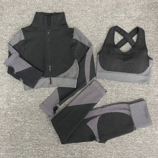 Seamless 2/3PCS Women Yoga Set Gym Long Sleeve Crop Top High Waist Leggings