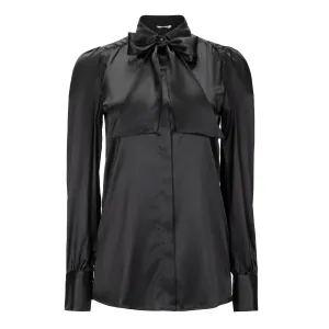 Silk Button Down Shirt with Removable Bow - Black