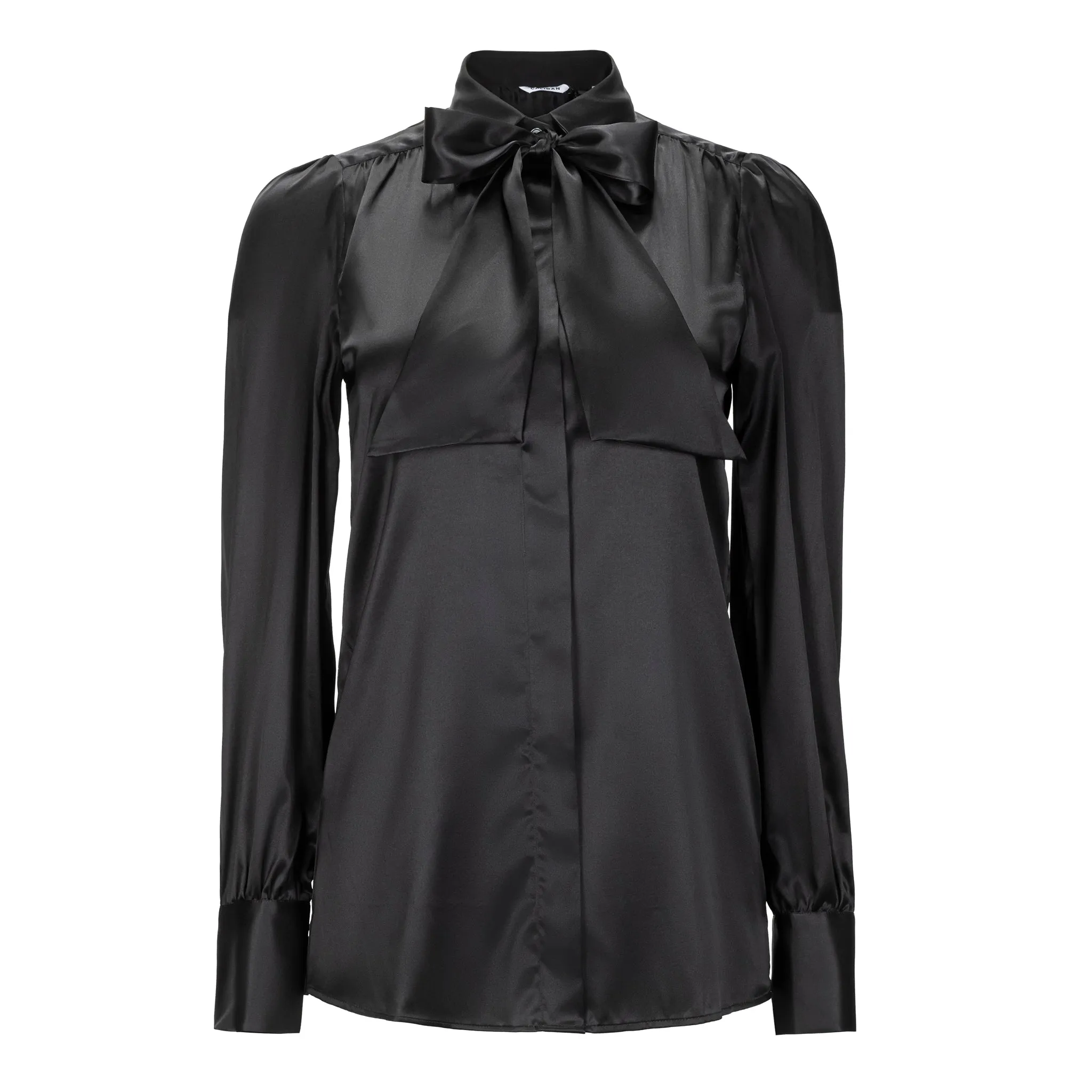 Silk Button Down Shirt with Removable Bow - Black