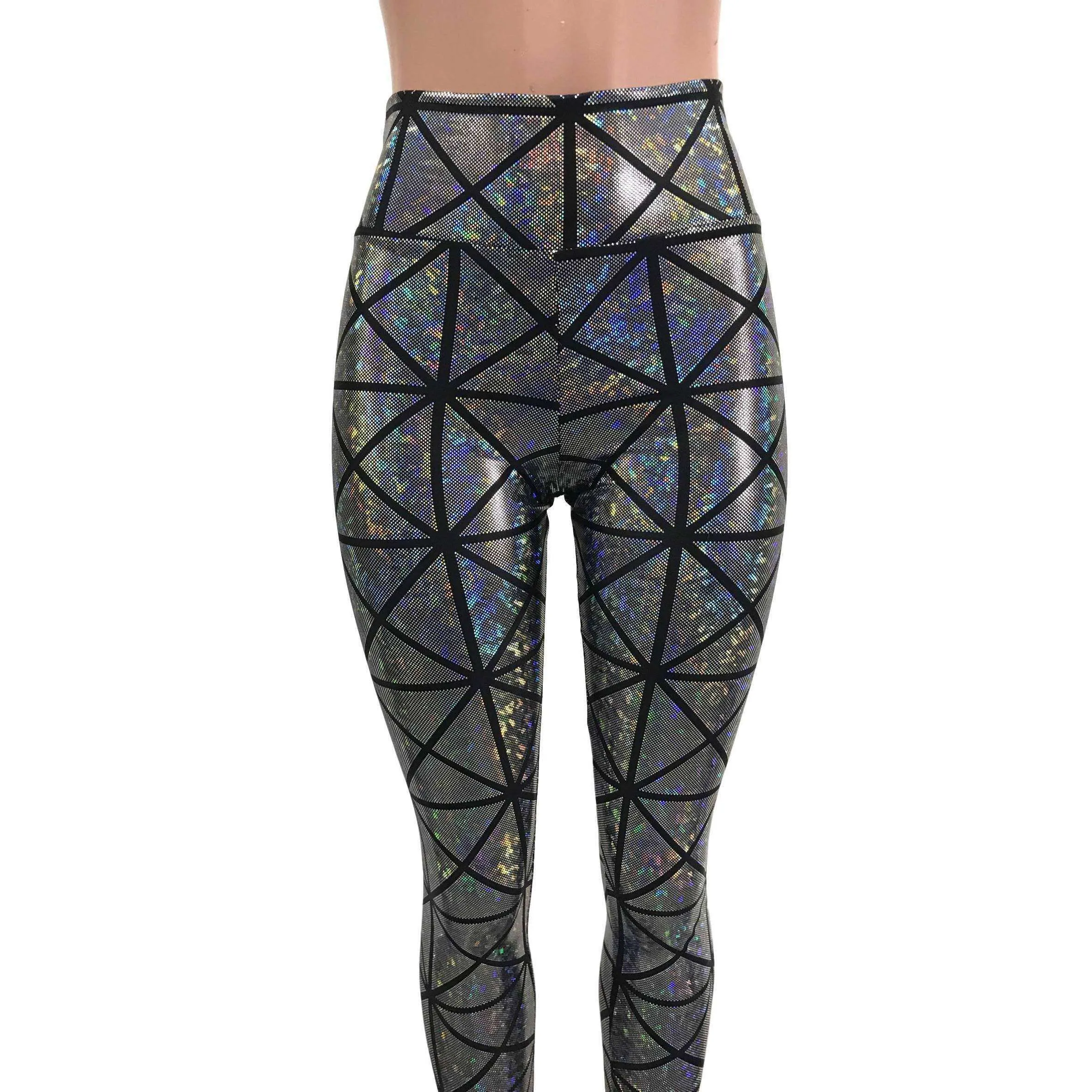 Silver Window Pane Shattered Glass Holographic Leggings Pants