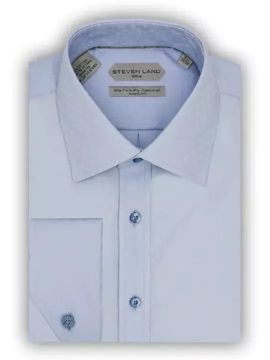 Steven Land Men's 100% Cotton Blue French Cuff Non-Iron Classic Fit Dress Shirt