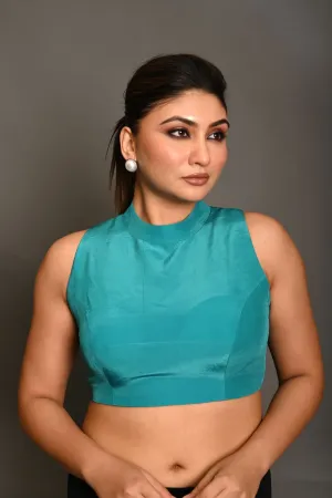 Teal Blue High Neckline Sleeveless Crepe Silk Blouse