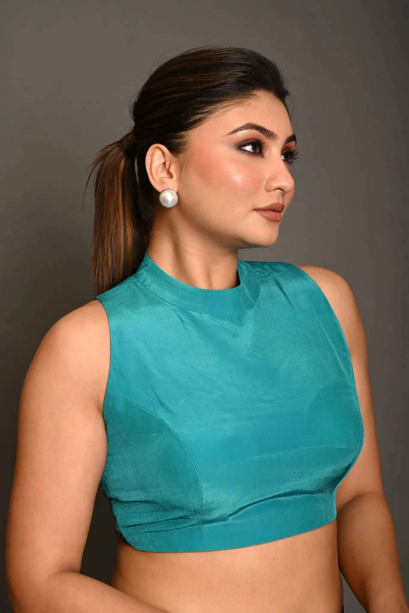 Teal Blue High Neckline Sleeveless Crepe Silk Blouse