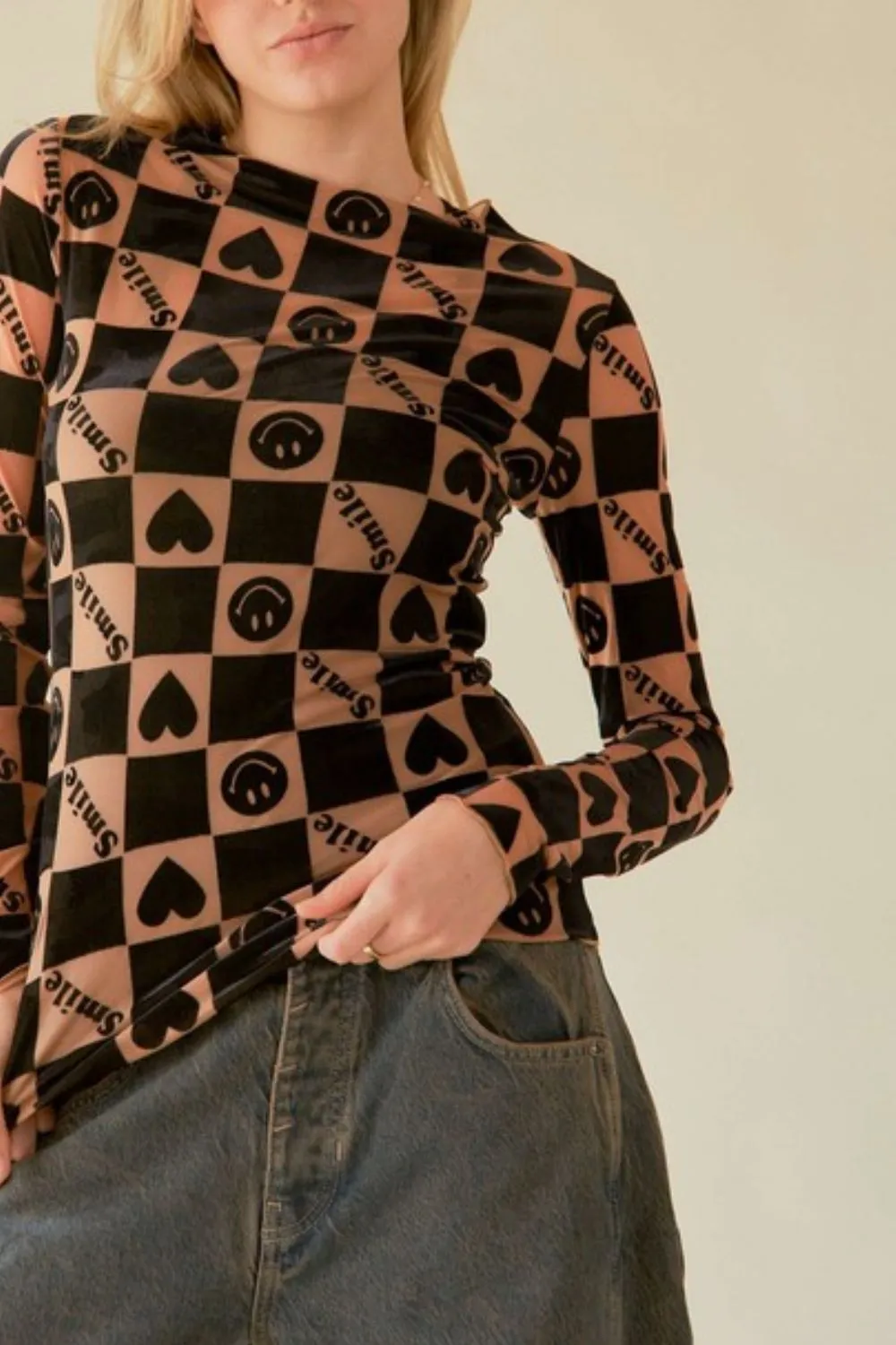 TEEK - Black Heart Print Long Sleeve Top
