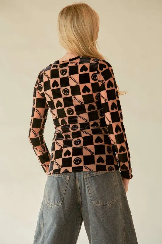 TEEK - Black Heart Print Long Sleeve Top