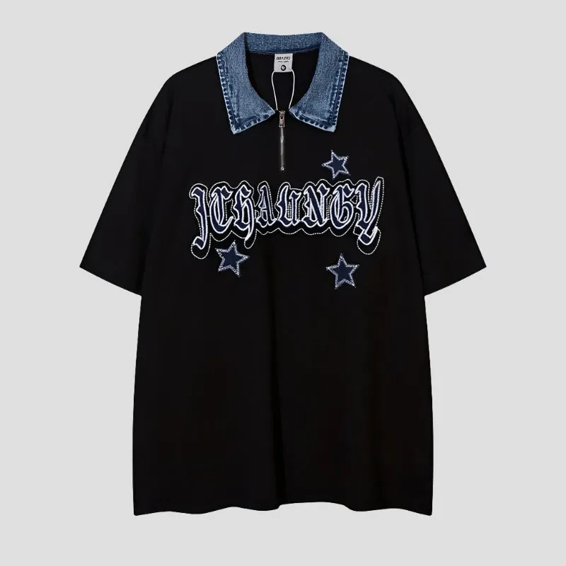 Trendy Denim Collar Graphic Tee
