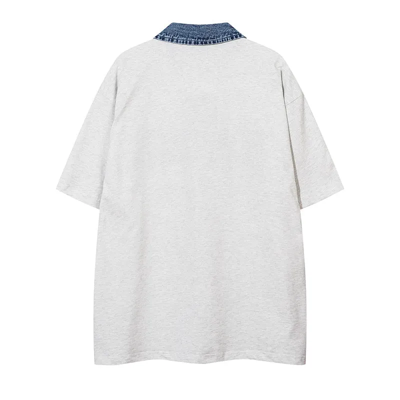 Trendy Denim Collar Graphic Tee