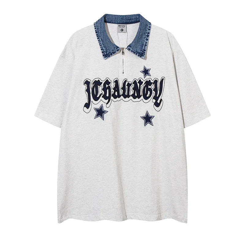 Trendy Denim Collar Graphic Tee