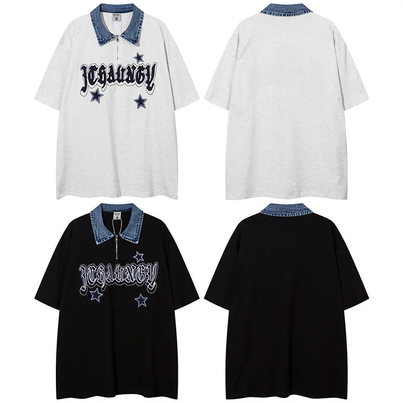 Trendy Denim Collar Graphic Tee