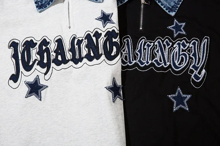 Trendy Denim Collar Graphic Tee