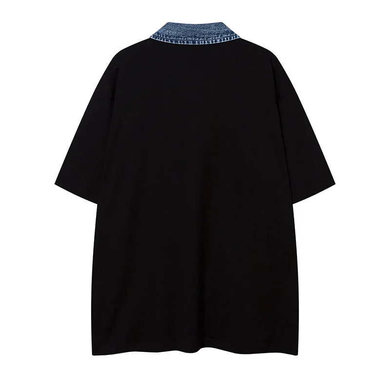 Trendy Denim Collar Graphic Tee