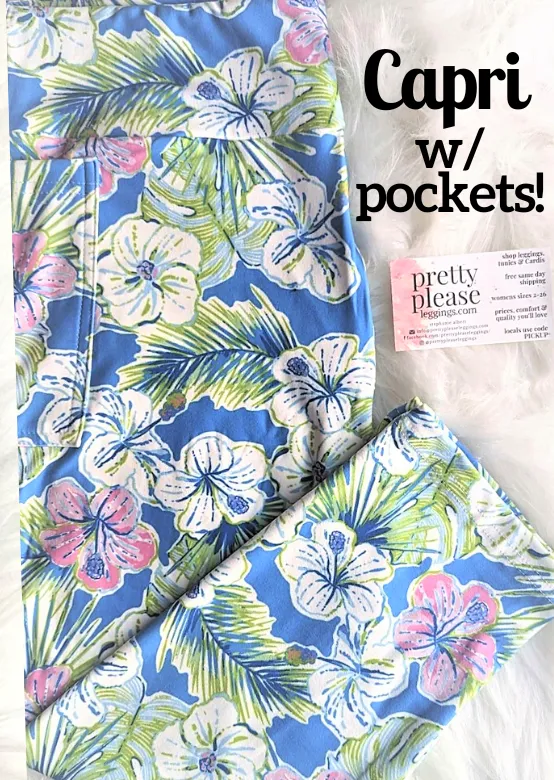 Tropical Aqua Blue Hibiscus Palms Super SOFT CAPRI Leggings Pink White Floral OS TC Plus rts