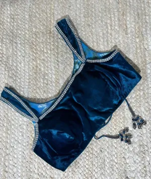 Turquoish Blue Velvet Blouse with Zircon Emblishment