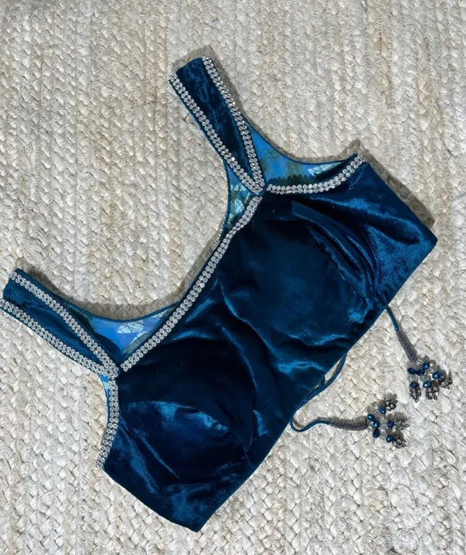 Turquoish Blue Velvet Blouse with Zircon Emblishment