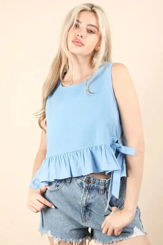 VERY J Side Tie Detail Ruffled Sleeveless Top