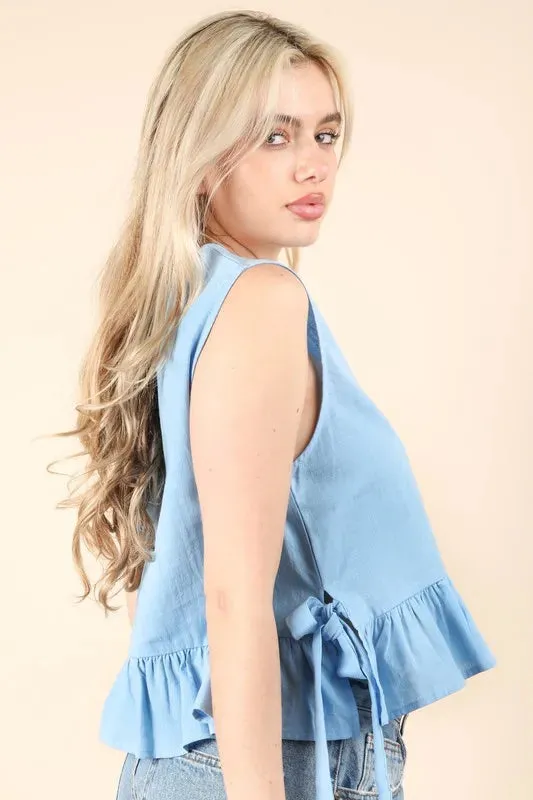 VERY J Side Tie Detail Ruffled Sleeveless Top