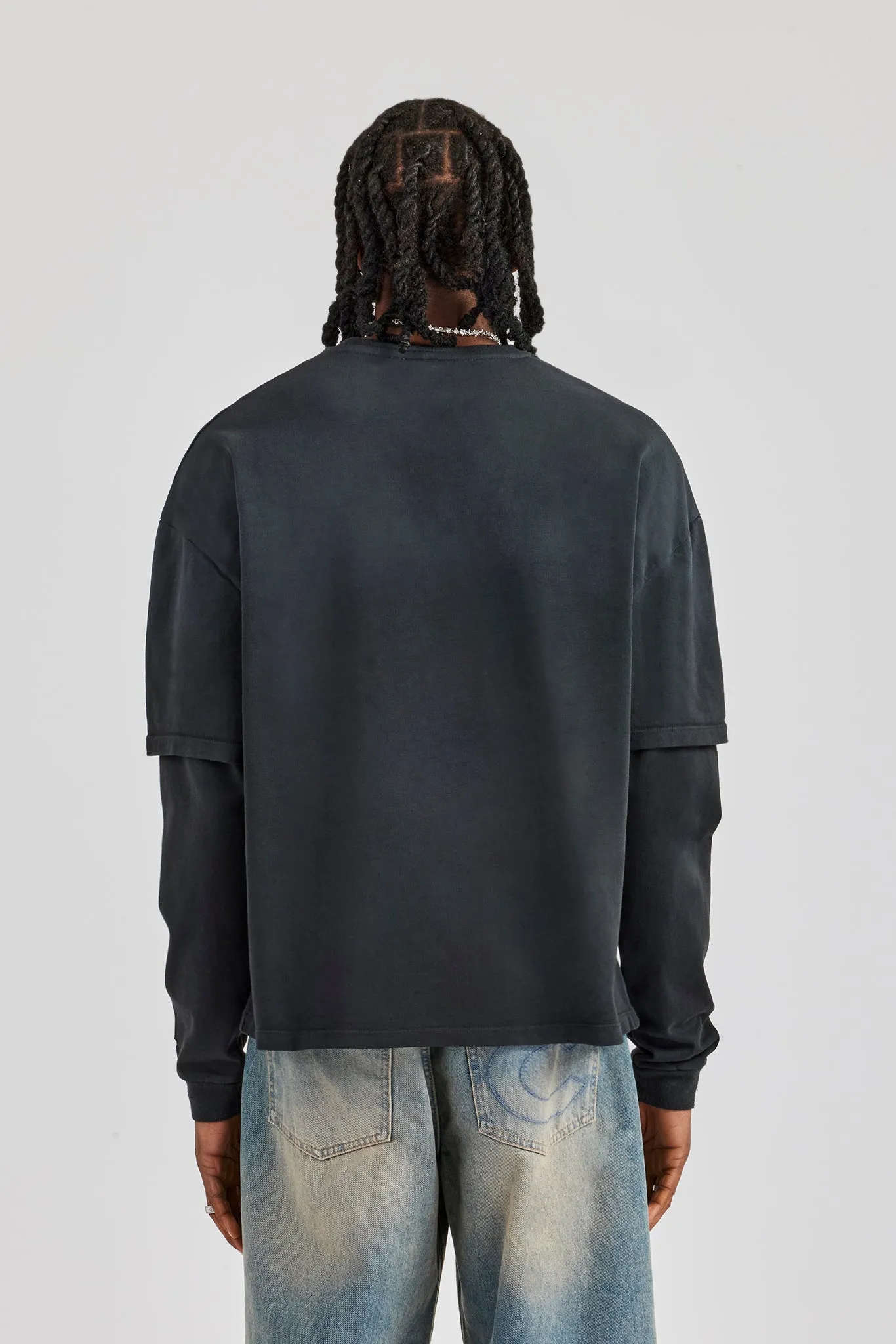 Washed Layered Long Sleeve T-Shirt - Black