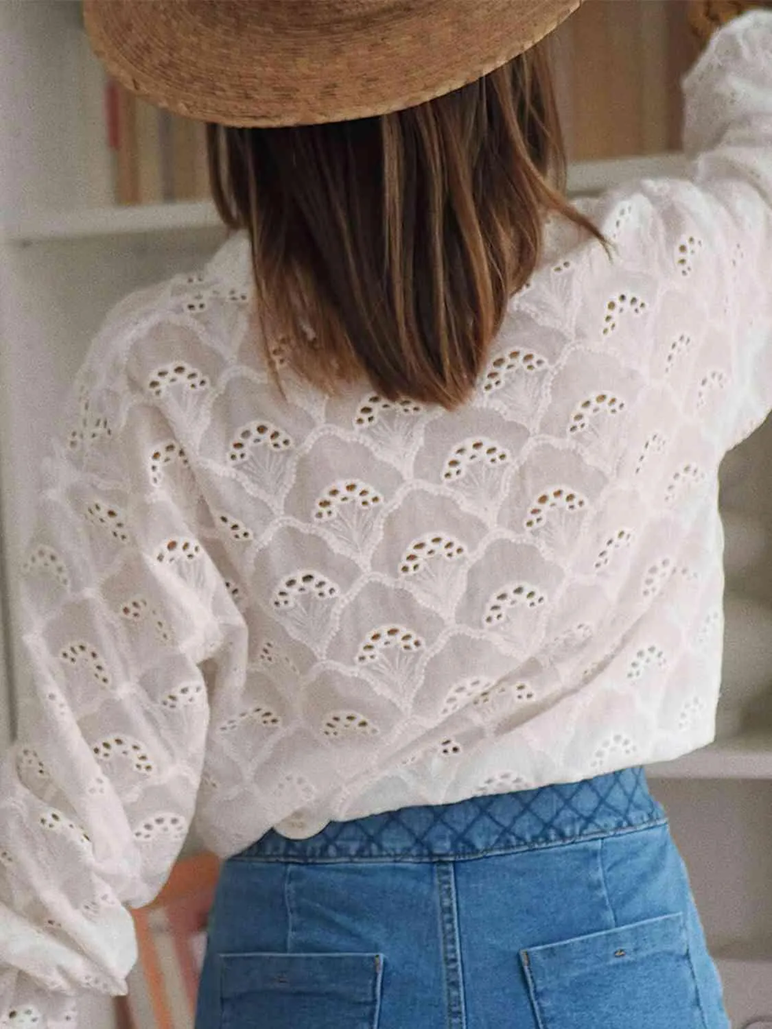 Weekend Vibe White Long Sleeve Eyelet Blouse