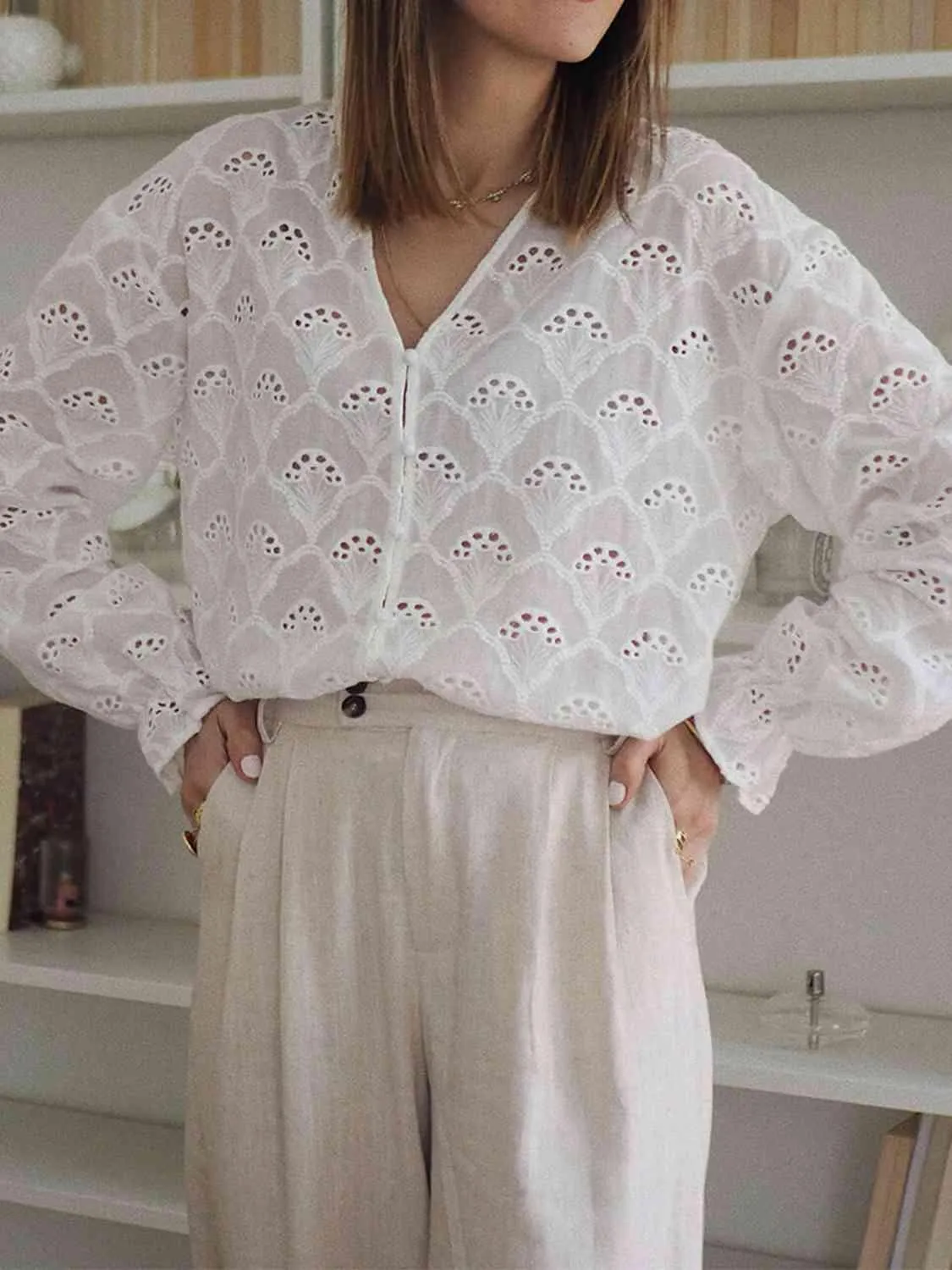 Weekend Vibe White Long Sleeve Eyelet Blouse