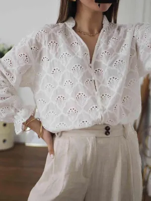 Weekend Vibe White Long Sleeve Eyelet Blouse