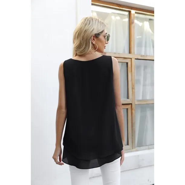 Women Chiffon Tank Top Double Layers Casual Blouse