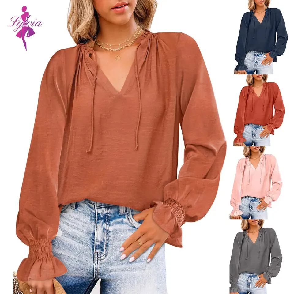 Women's Long sleeve t shirt chiffon Blouses - Blackbeads
