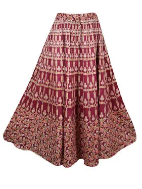 Womens Red Floral Printed Maxi Skirt, Summer Hippie Flared Long Skirts S/M